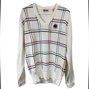 Vintage 80s 90s Antigua Size Medium V-Neck Sweater Plaid Palm Beach Crest Tennis